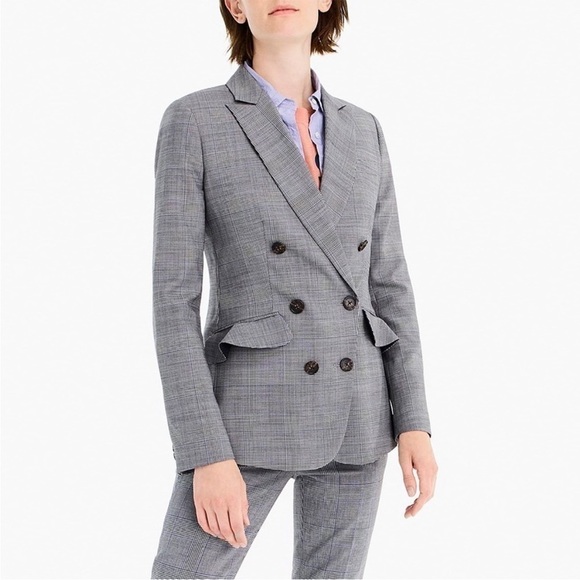 J Crew Glen Plaid Wool Ruffle Pocket Double Breasted Blazer Size 4 - Picture 1 of 16
